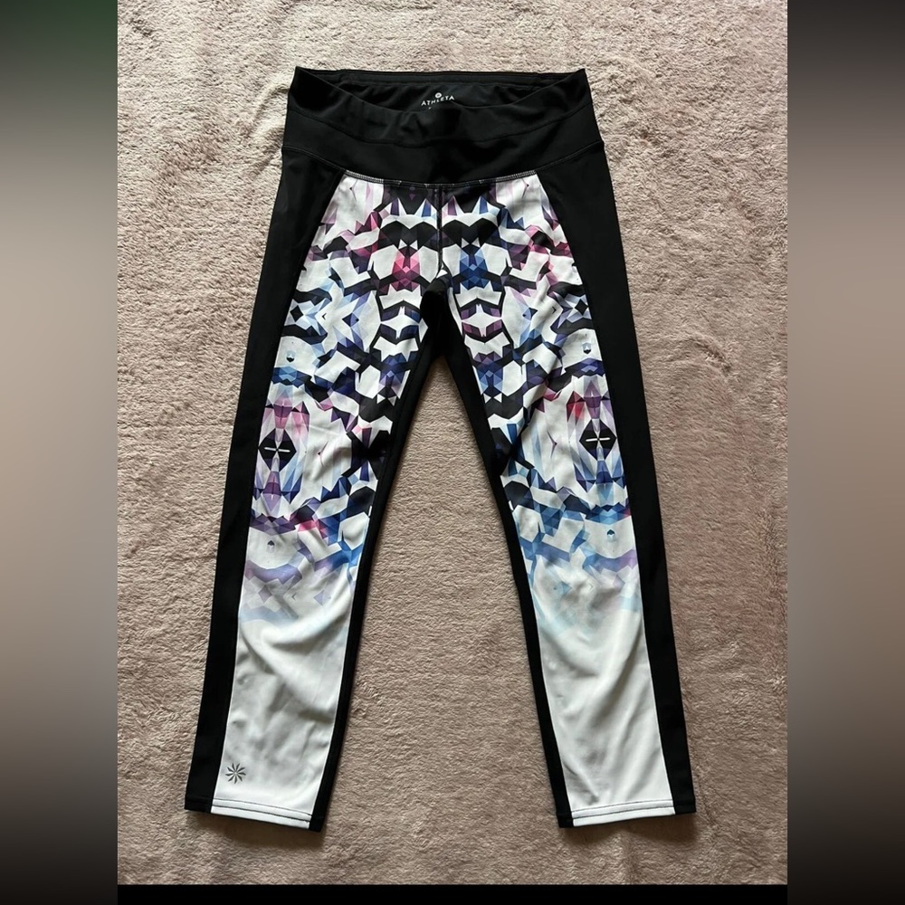 Athleta Black White Multi Geometric Print Mid-Rise Athletic Leggings Small